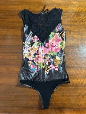 Black Floral Lace-Detail Girls One-Piece Bodysuit